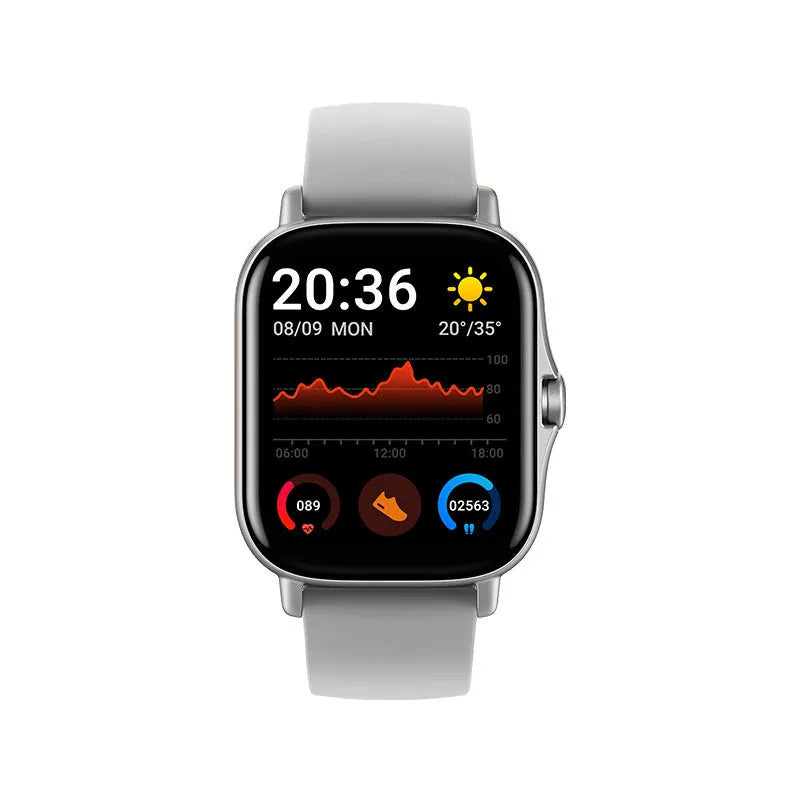 GT20 black smartwatch with alloy case and silicone strap showing heart rate display on screen.
