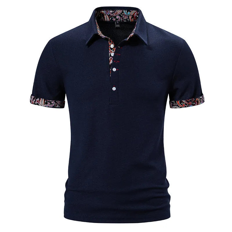 Men's short sleeve polo shirt in cotton blend fabric, showing turnover collar and colour stitching detail.