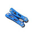Blue stainless steel folding multi-function pliers with fruit knife tool showing open and closed positions