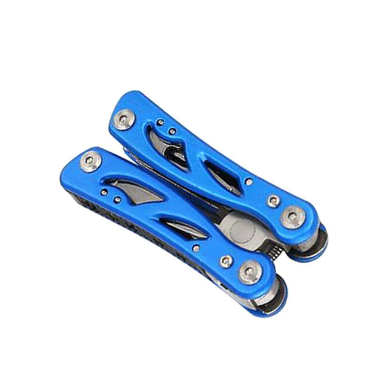 Blue stainless steel folding multi-function pliers with fruit knife tool showing open and closed positions