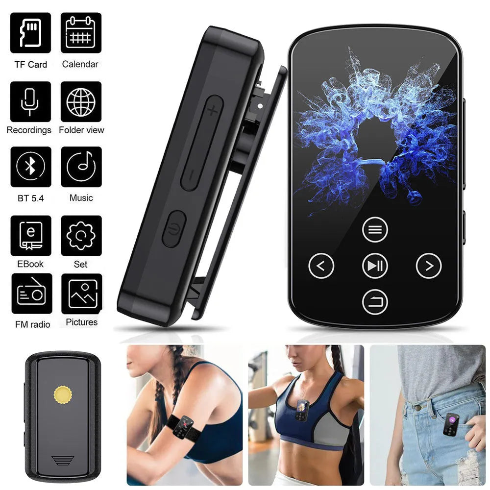 Black Bluetooth music player with 1.5-inch touch screen, FM radio, recording, and e-book functions, 60x35x18mm