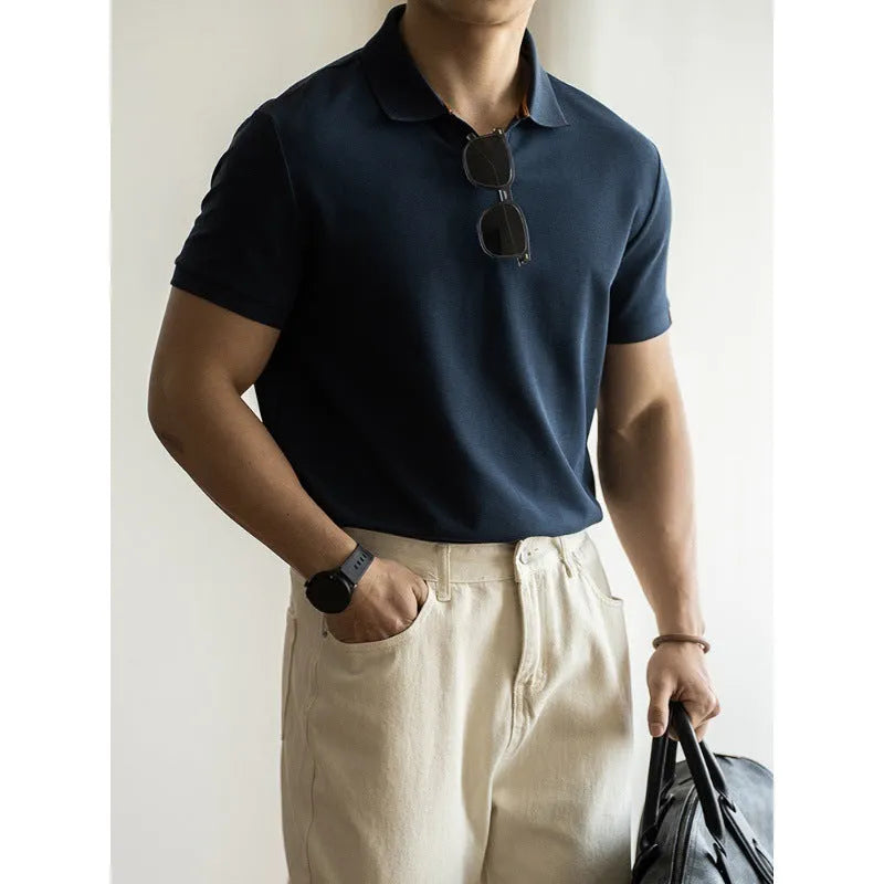 American-style cotton polyester short sleeve polo shirt in blue, black and white colours