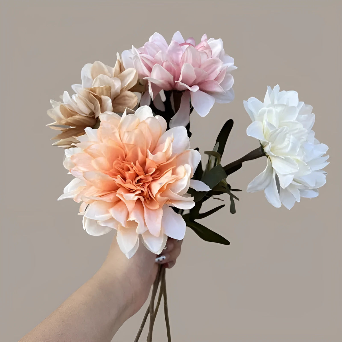 Artificial chrysanthemum with purple plastic and silk petals, 37cm tall, on a neutral background