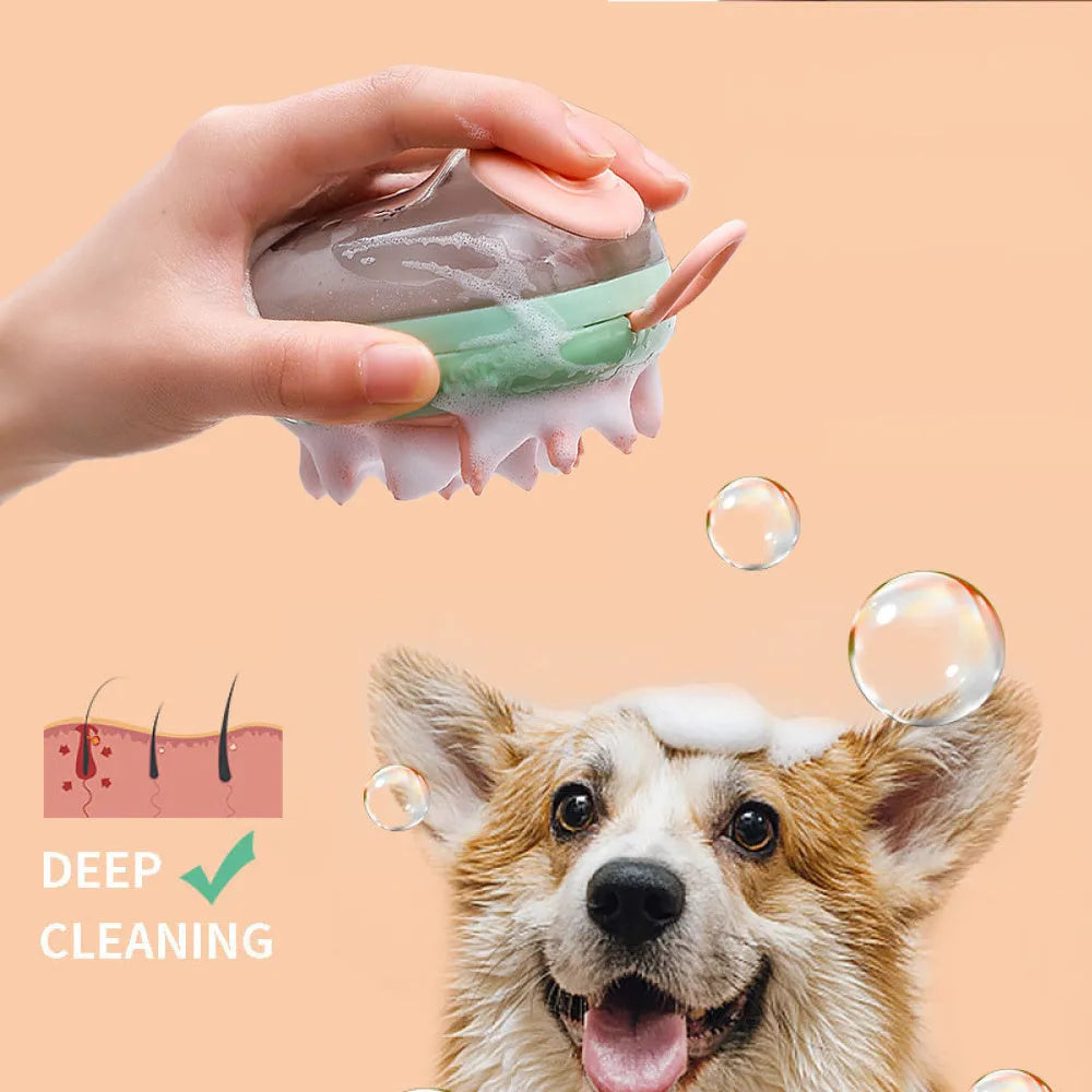 Blue pet grooming brush with soap dispenser and silicone bristles for dogs and cats