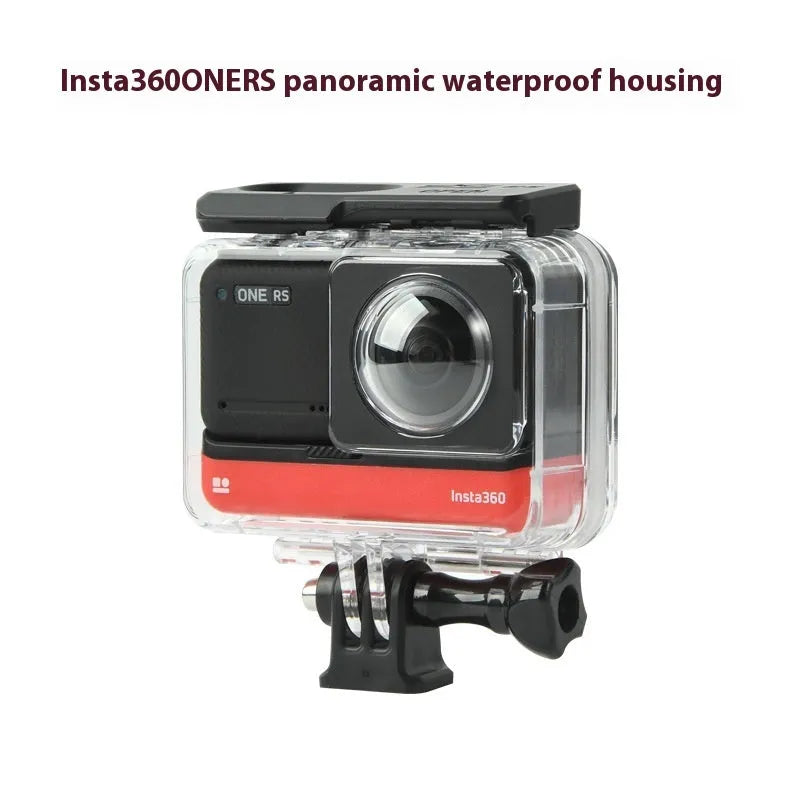 Transparent waterproof housing for Insta360 One RS camera with dimensions 9×8×4.5 cm