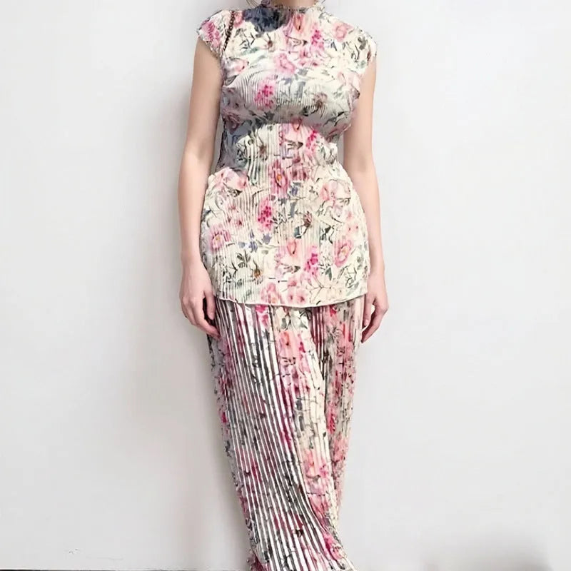 Long sleeve printed chiffon dress high waist two-piece set with matching top in picture colour.