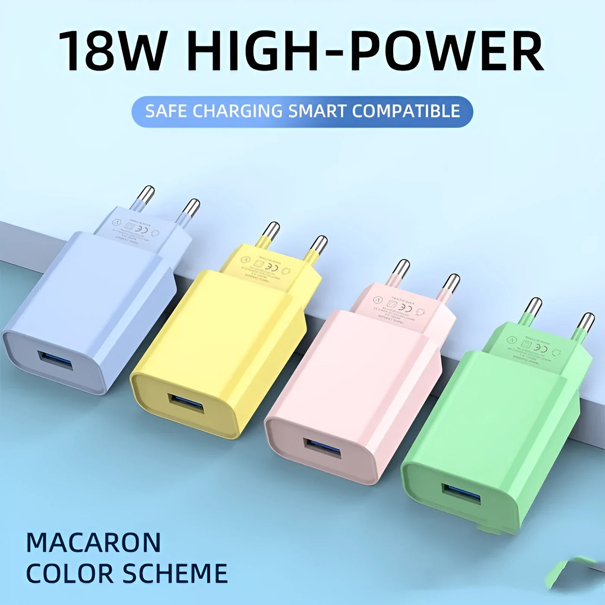 Macaron QC30 USB charging plug in blue with European standard prongs