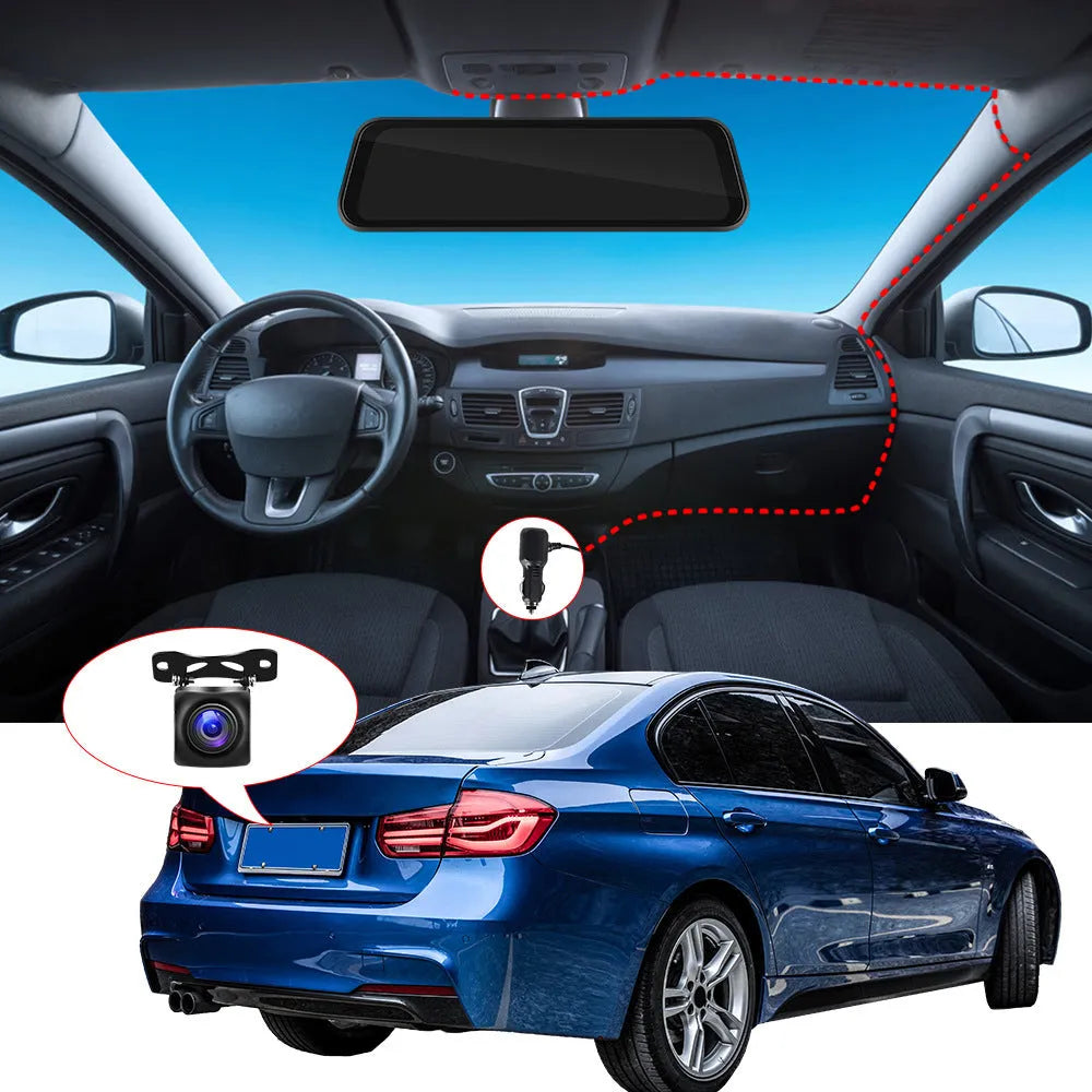9.66-inch touchscreen car dashboard camera mirror showing video display and smartphone interface