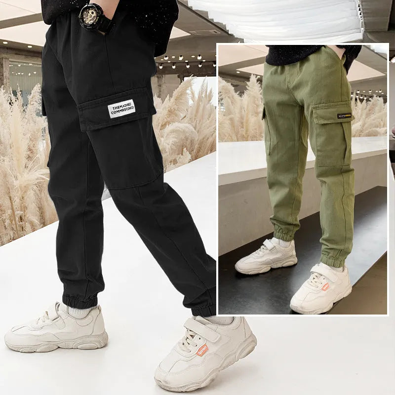 Boys' casual cotton trousers in khaki colour for summer, shown on a size chart.