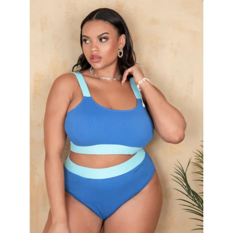 Women's high-waist split-leg bikini in polyester fabric available in extended sizes