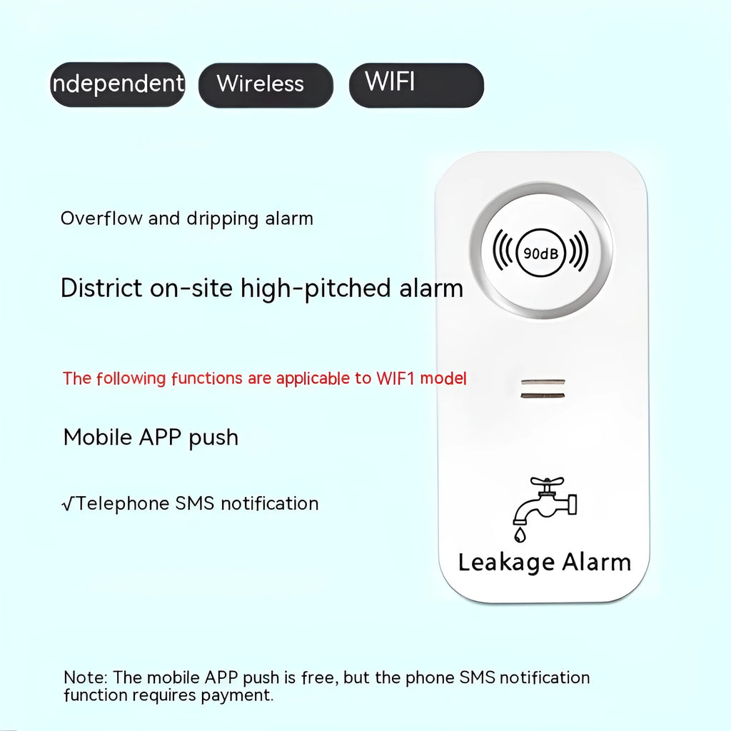 Overflow sensor independent alarm for water leak detection with wireless connectivity options