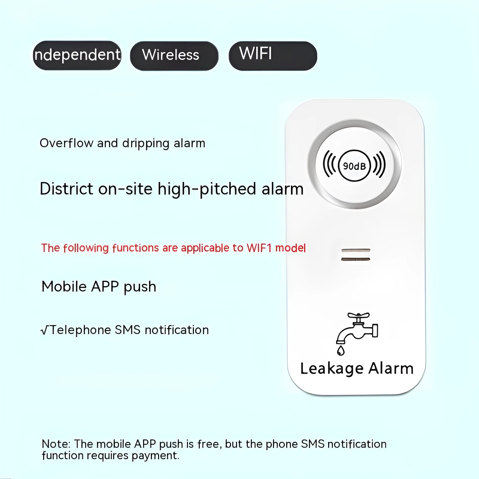 Overflow sensor independent alarm for water leak detection with wireless connectivity options