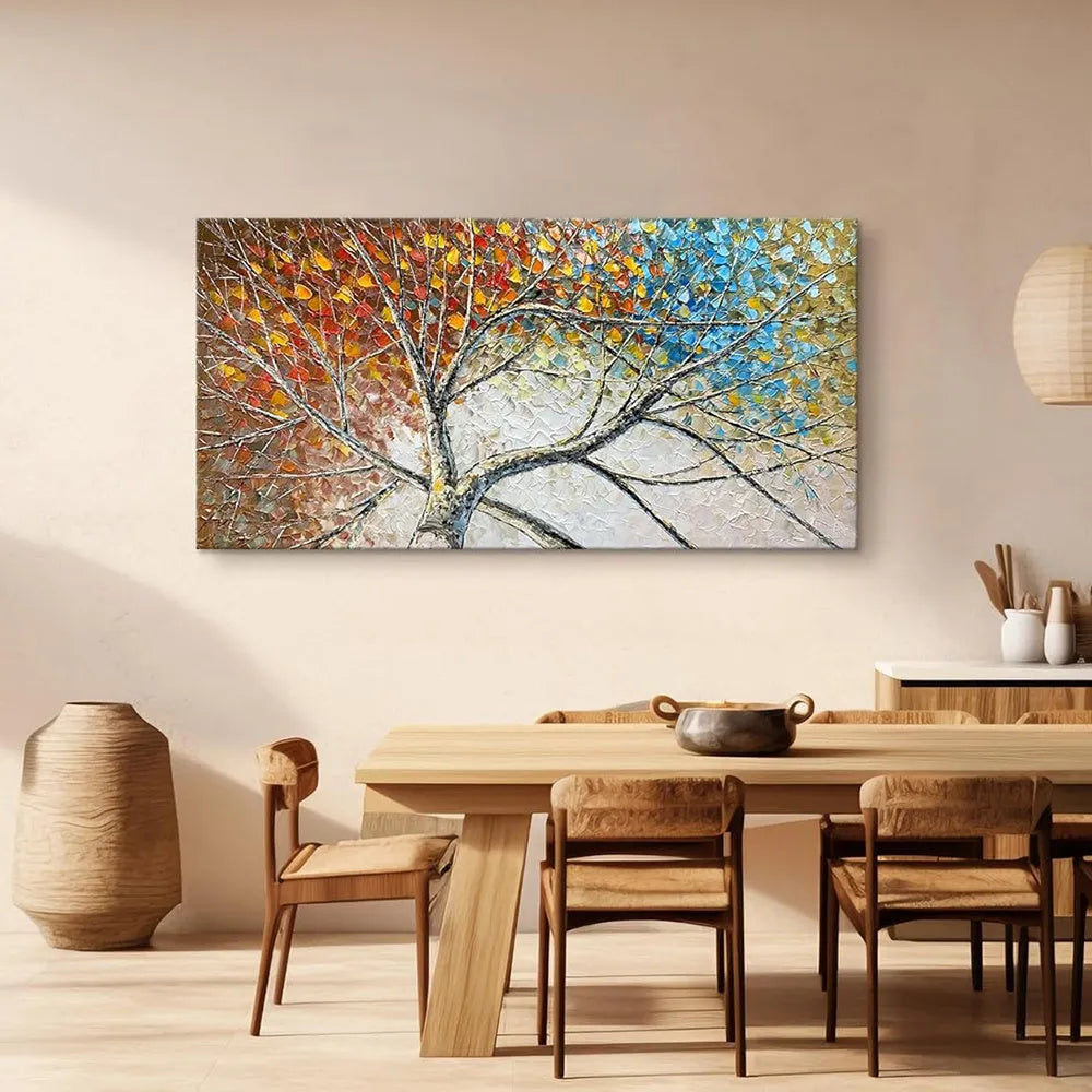 Handpainted palette knife oil painting of a modern abstract fortune tree landscape on canvas