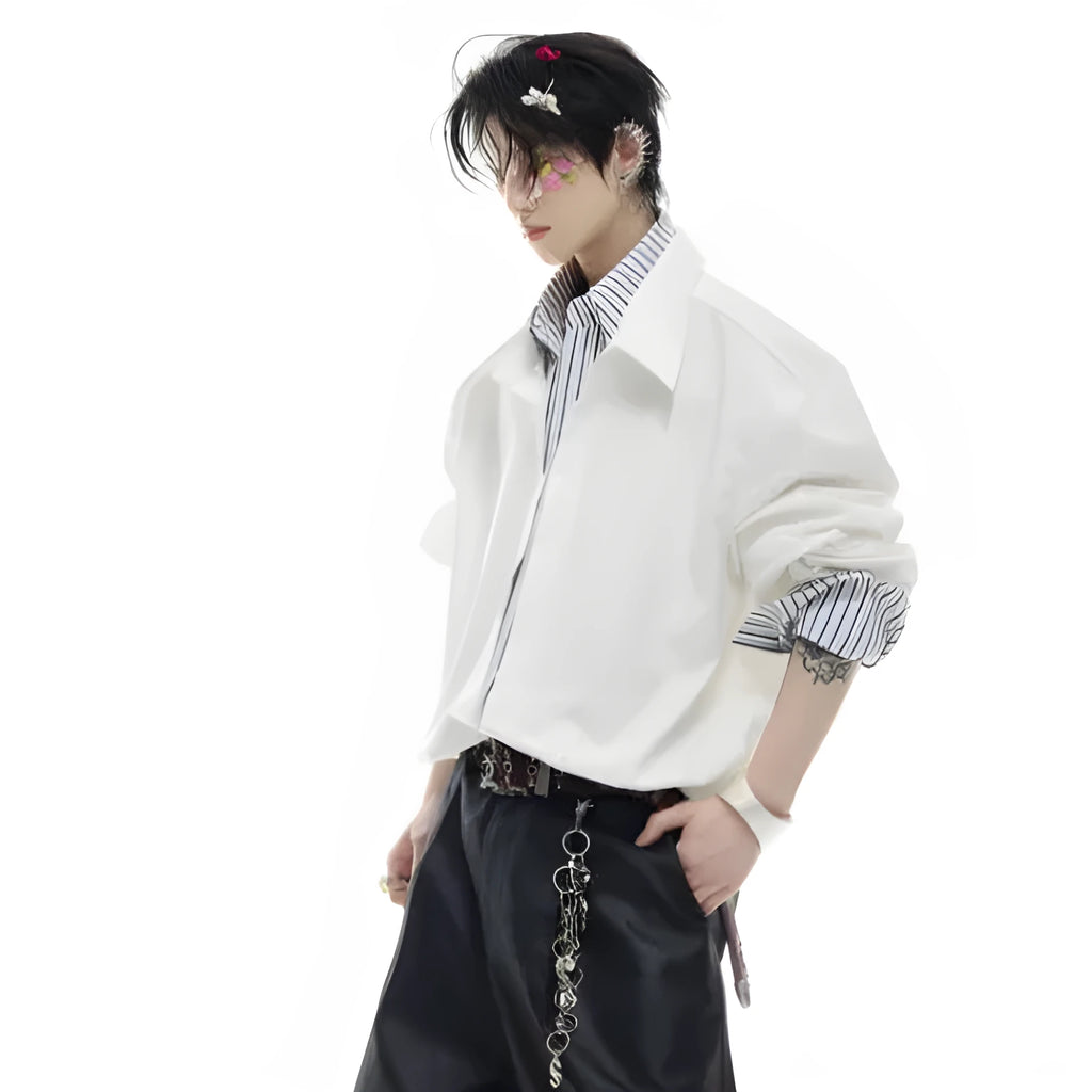 Men's striped contrasting patchwork shirt top, long sleeve, loose fit, water-washed polyester fibre, black colour option.