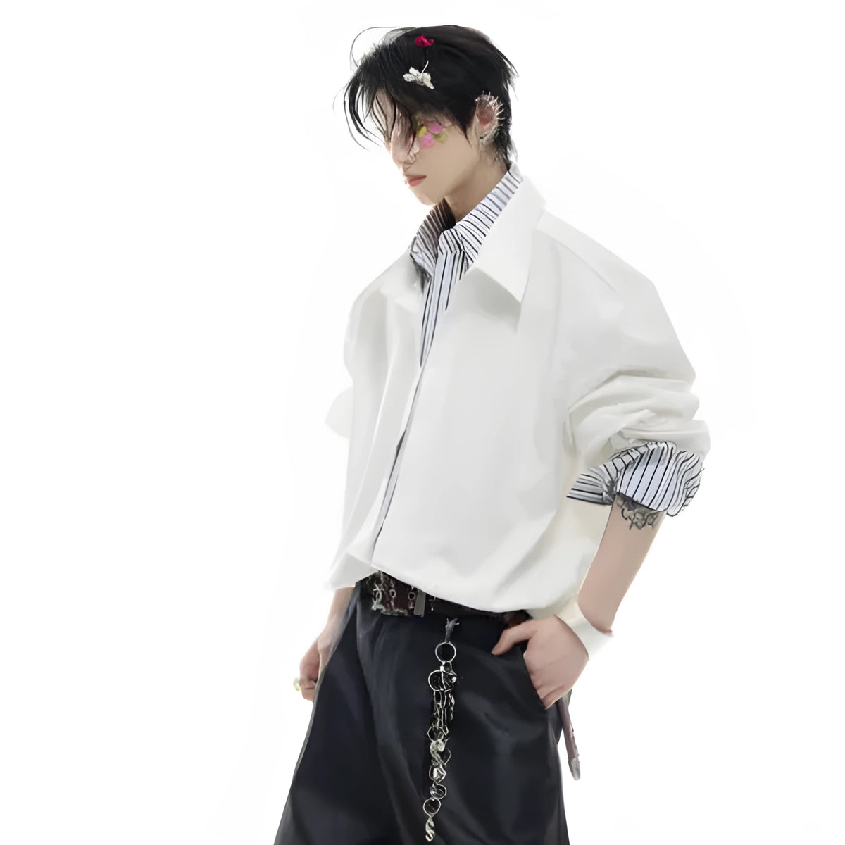 Men's striped contrasting patchwork shirt top, long sleeve, loose fit, water-washed polyester fibre, black colour option.