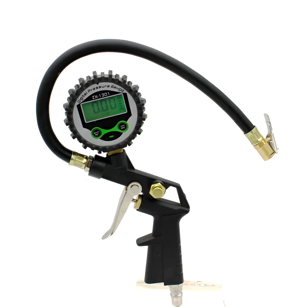 Black digital tyre pressure gauge with HD display and gun handle on white background