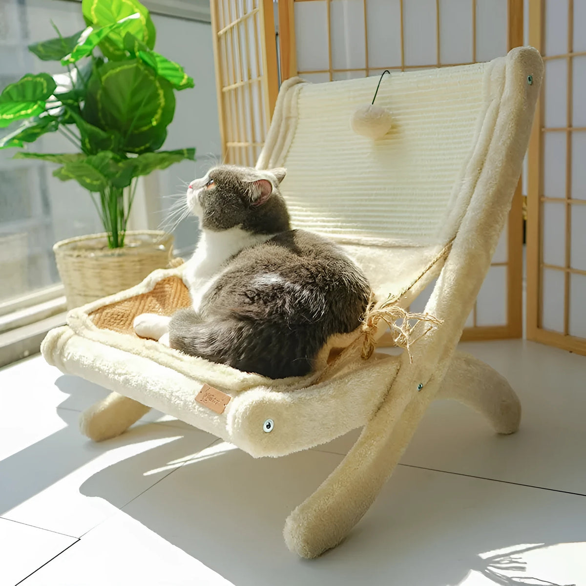 Beige or dark grey cat sofa bed sunbathing chair with back mat, sisal wood corrugated paper hemp rope reclining pet chair
