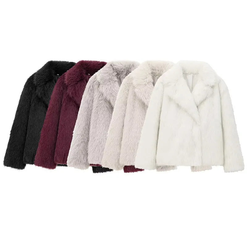 Women's faux fur jacket with lapel collar, long sleeves, solid colour, 50cm length, sizes XS to L
