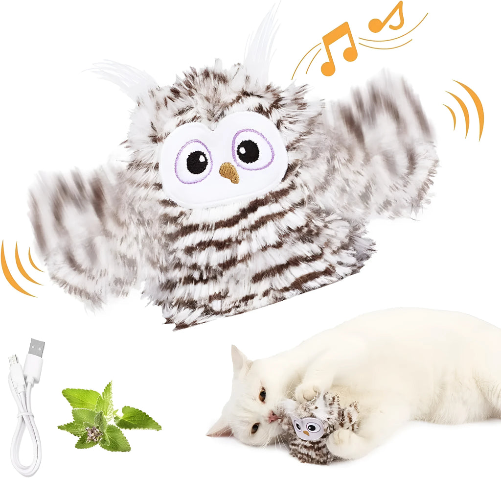 Grey automatic owl cat toy with flapping wings on white background