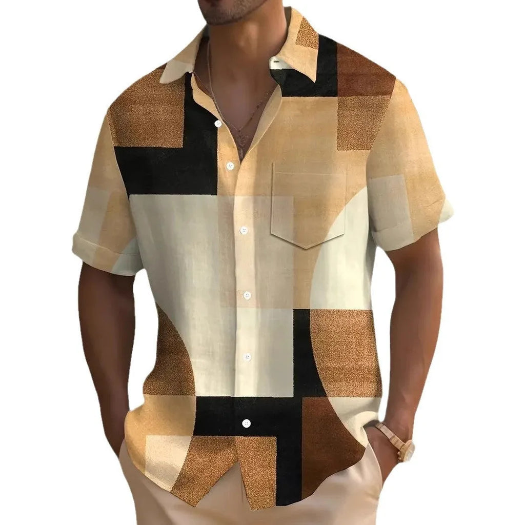 Man wearing a loose-fit geometric pattern cardigan shirt in contrasting colours, short sleeves.
