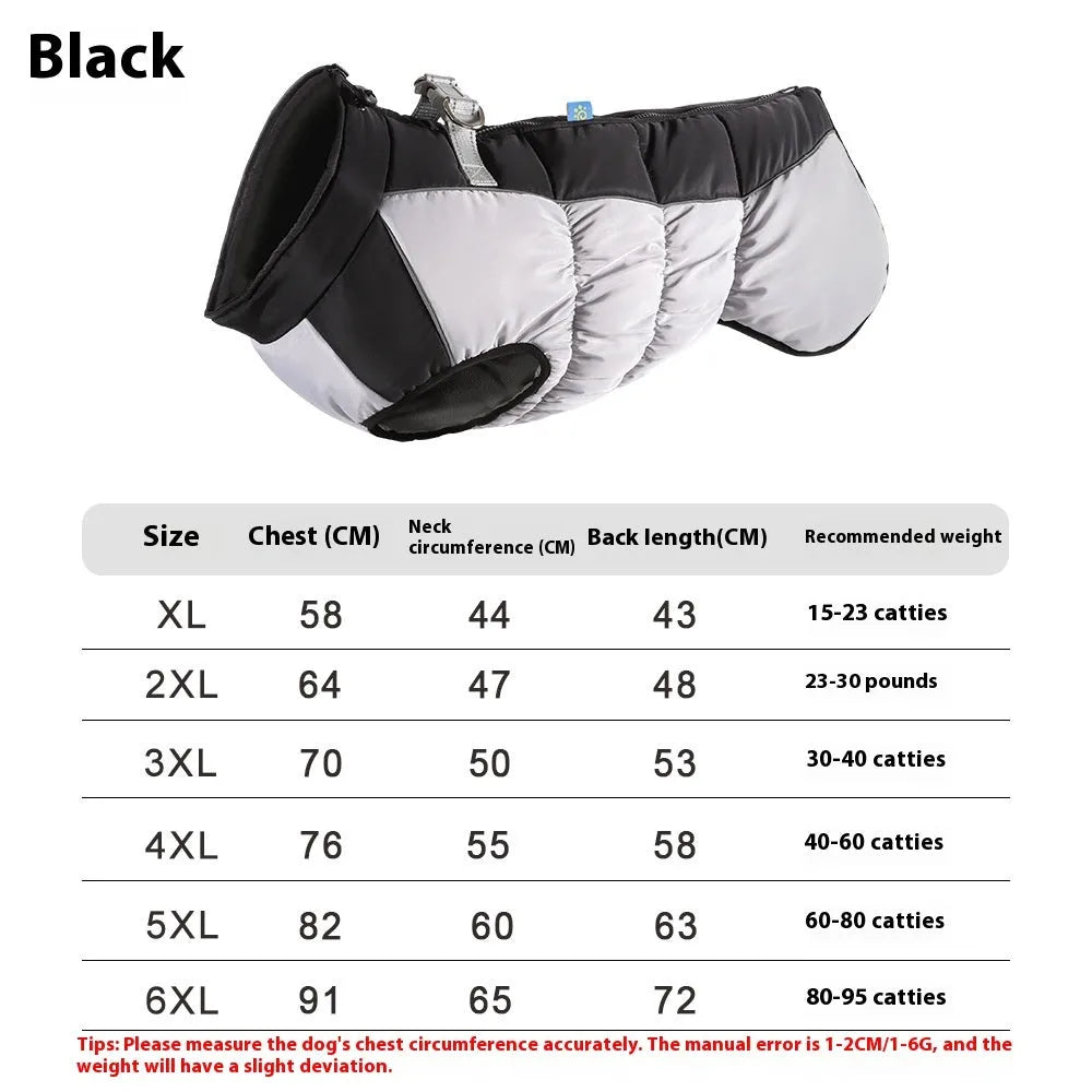 Big dog wearing reflective waterproof winter coat in polar fleece