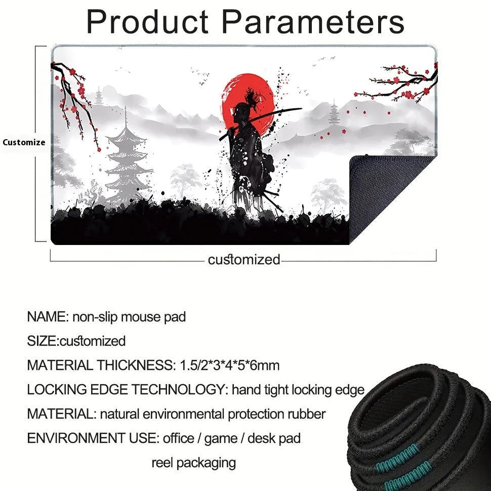 Large black cloth gaming mouse pad with detailed Japanese samurai warrior artwork print.