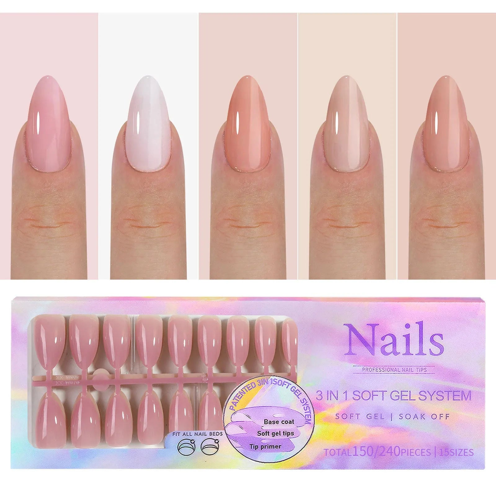 Box of seamless nude nail stickers showing removable armour design in bare colour shades 01 to 05.