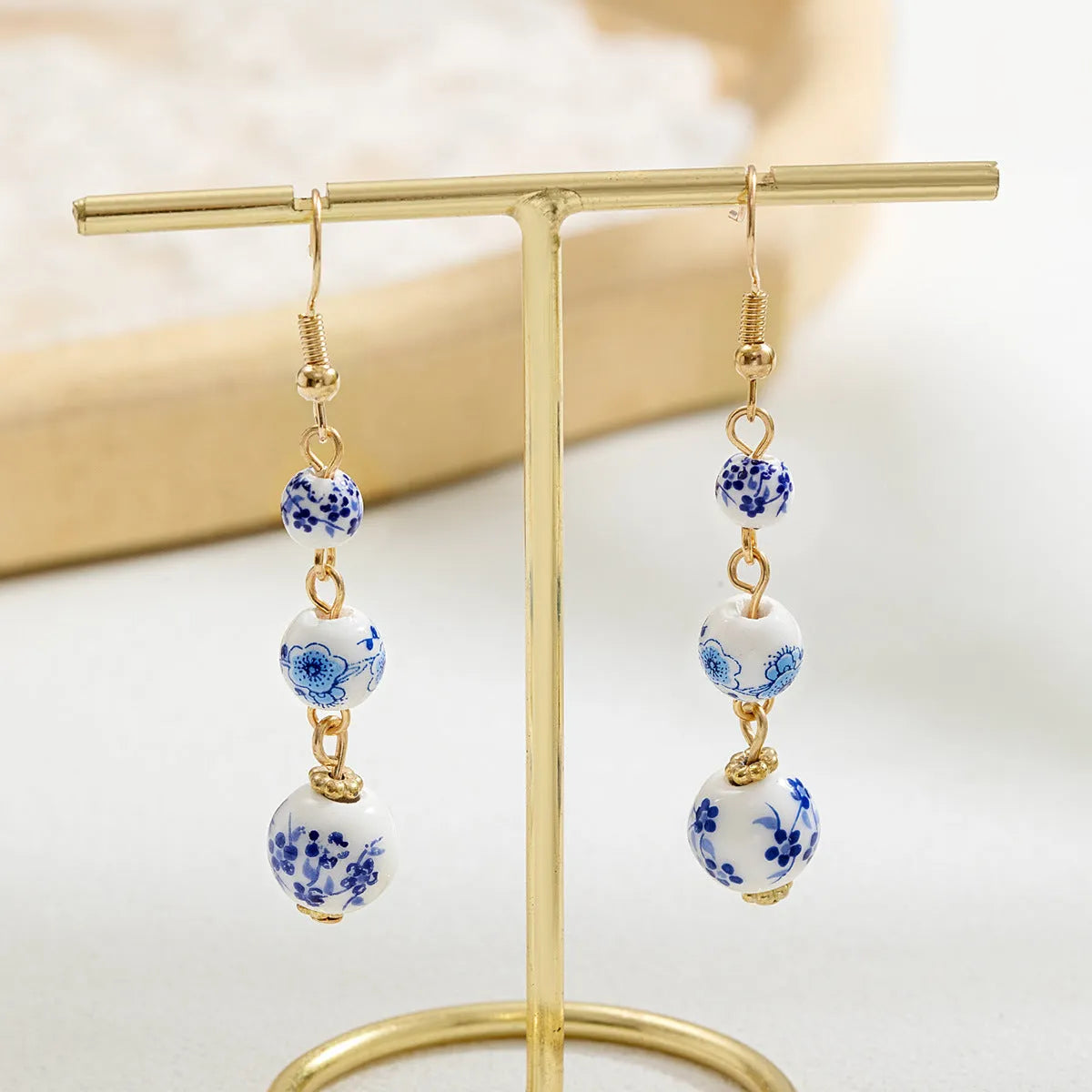 Blue and white porcelain ceramic bead long retro earrings with alloy construction and geometric design