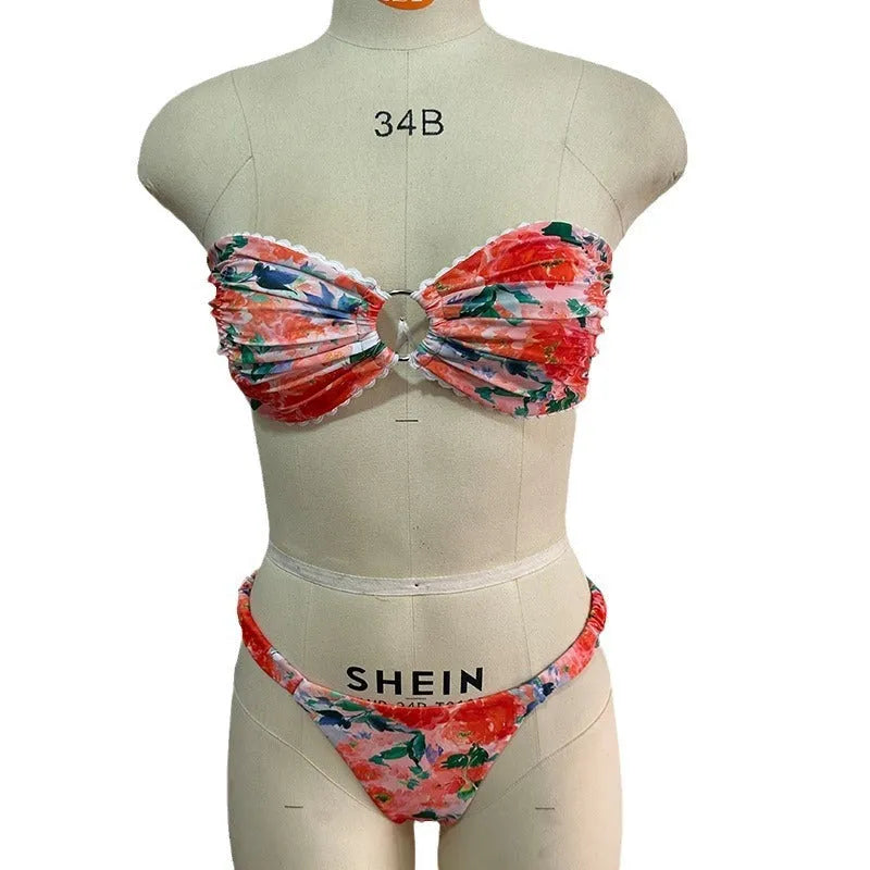 Printed tube top bikini with lace trim and floral pattern in European swimwear style