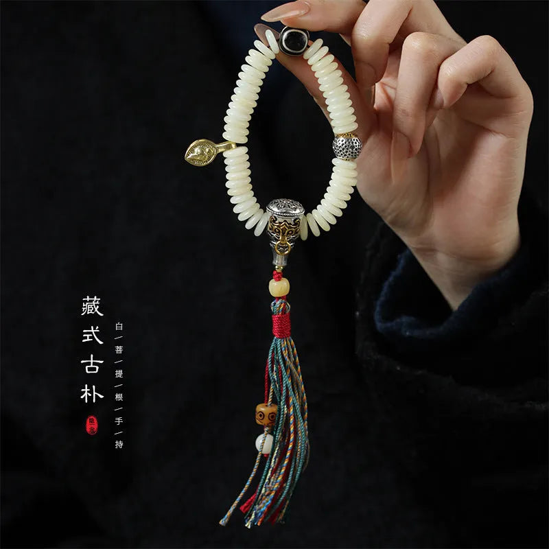 Tibetan white Bodhi bracelet with 3mm x 10mm beads in bracelet and handheld styles