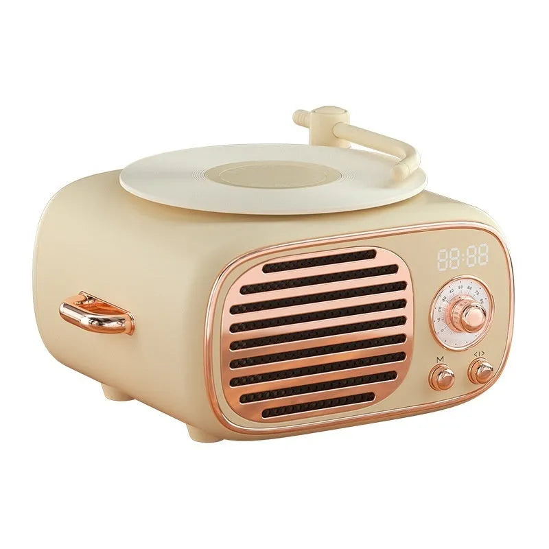 Retro multi-function Bluetooth microphone stereo in transparent green with compact 85x95x55mm design and alarm clock display