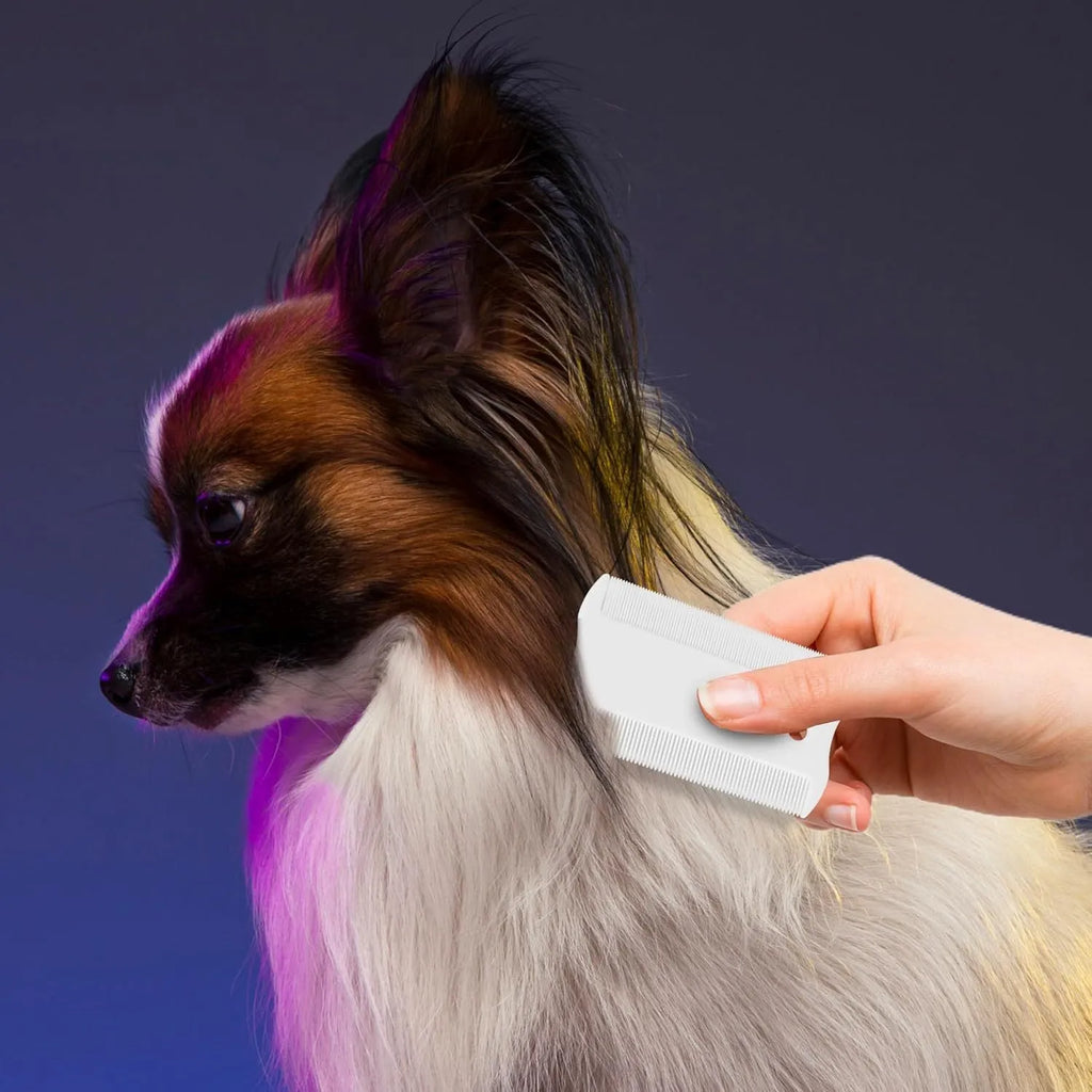Double-sided plastic flea comb for pets showing fine teeth and grate mouth designs on a white background.