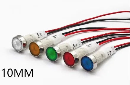 10mm stainless steel edge plastic indicator light with wire, shown in available colours.