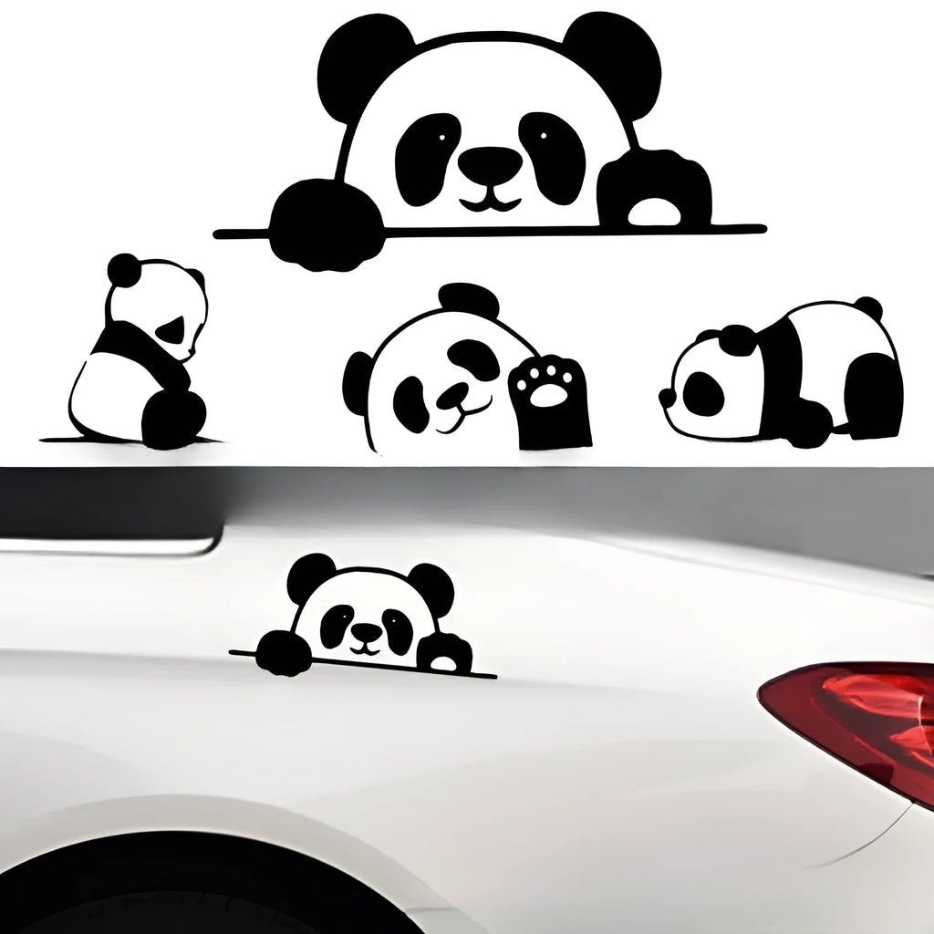 Peeking panda design vinyl sticker for car decoration in black, white, and laser finishes.