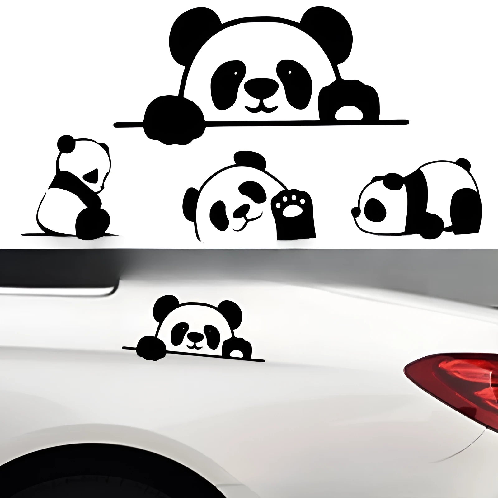 Peeking panda design vinyl sticker for car decoration in black, white, and laser finishes.