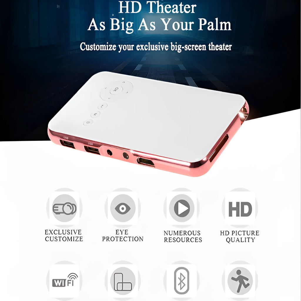 White and rose gold M6S miniature portable Android smart projector with compact design.