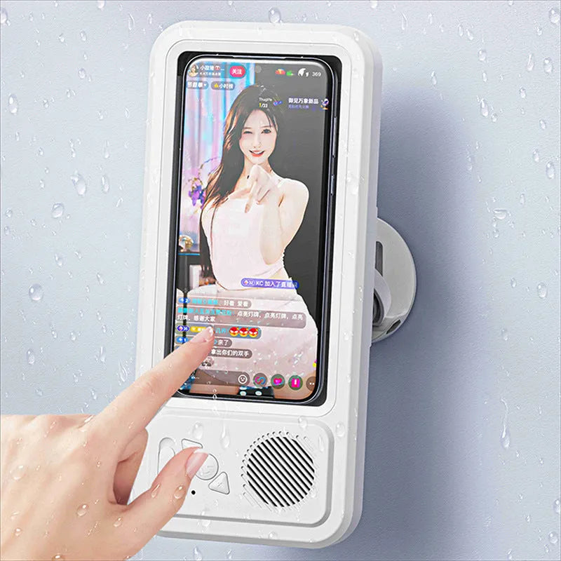 White bathroom waterproof mobile phone box bracket with charging cable mounted on tiled wall