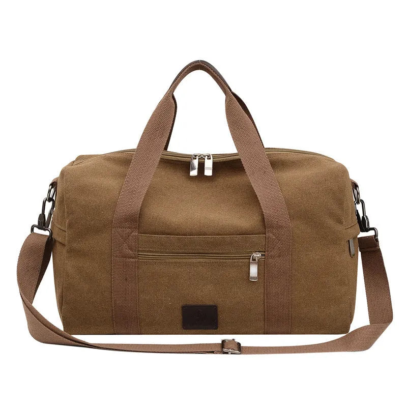 Men's canvas travel duffel bag in army green with three straps and polyester material