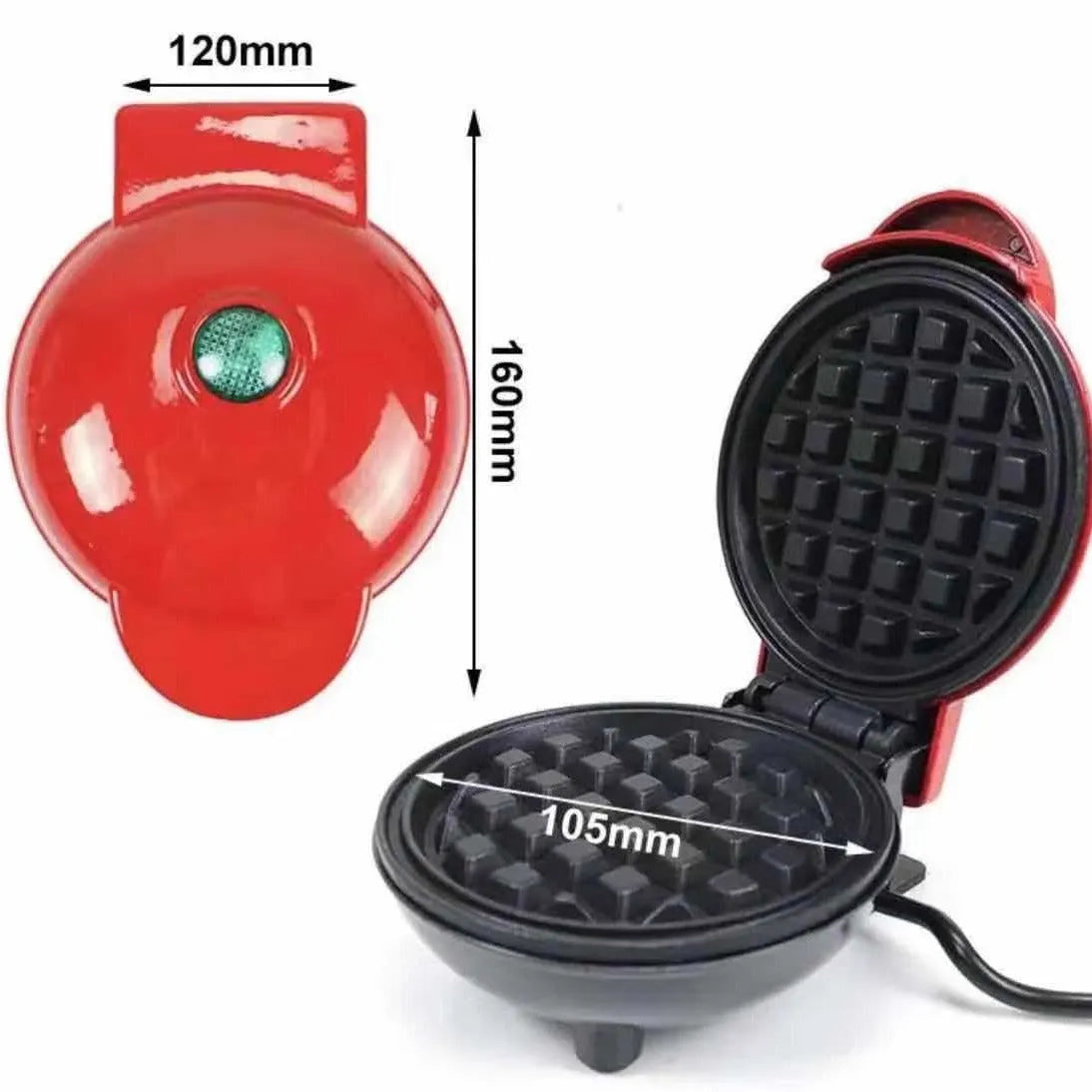 Mini waffle machine in white, 16.5cm tall, with electric heating tube and UK plug, on a countertop