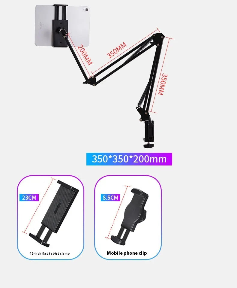 Black foldable metal desktop cantilever bracket holding a tablet at an adjustable angle.